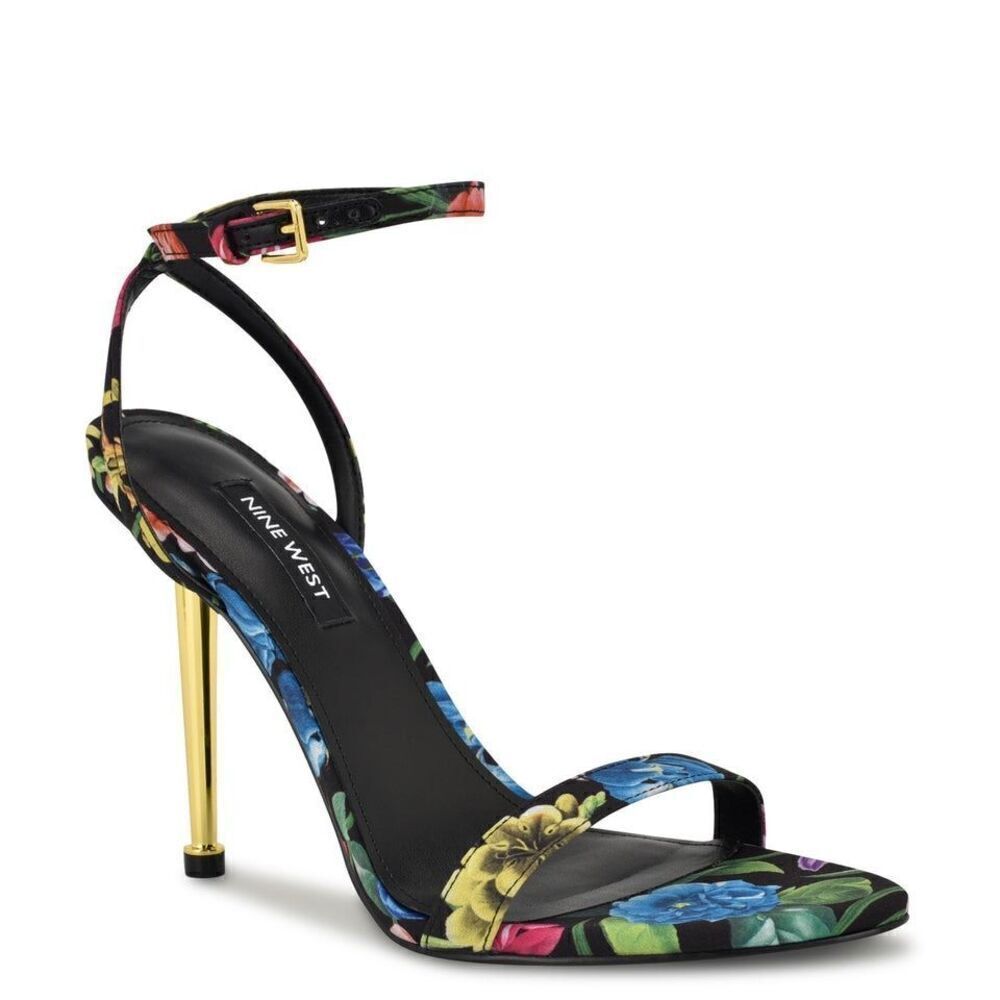 Nine West Reina Black Floral Ankle Strap Sandal Heels Size 10.5